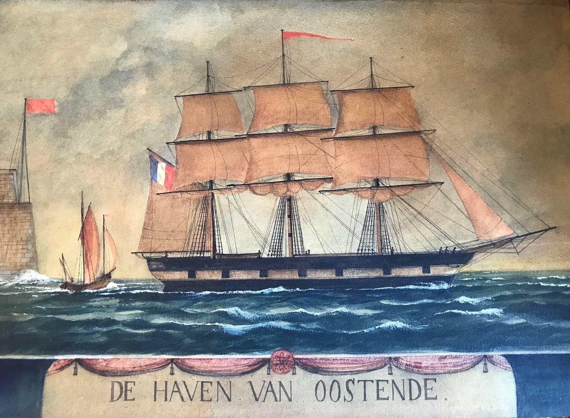 Naive watercolour of a Dutch schooner - Art by Unknown