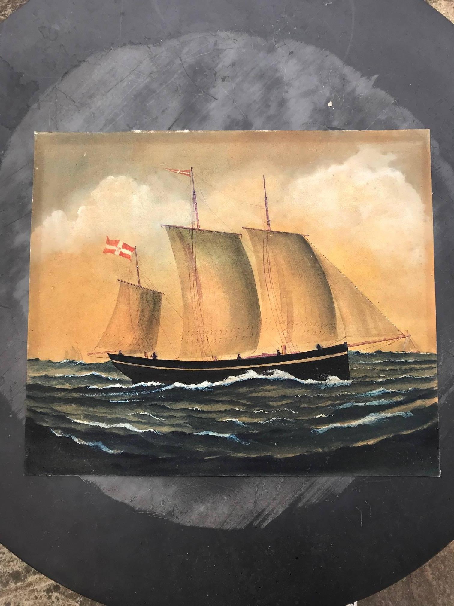 Naive watercolour of a Dutch Schooner - Art by Unknown