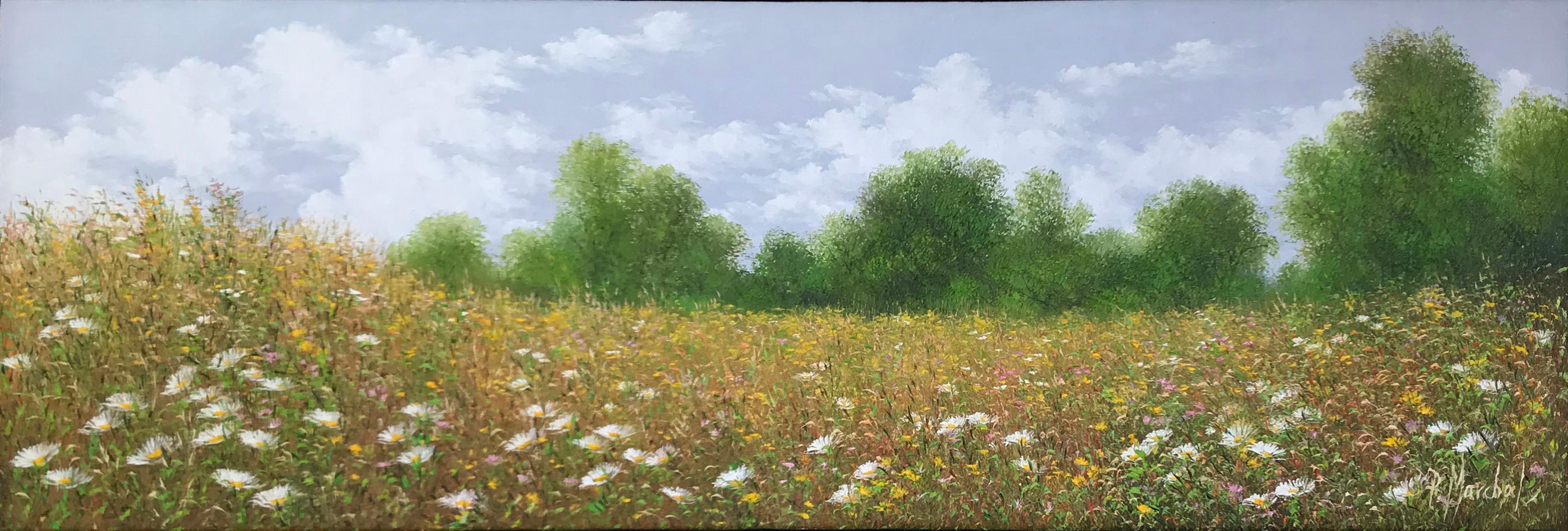 Patrice Marchal Landscape Painting - Champ fleuri , 2019, oil painting on canvas , size with frame 25.4 x 65.4 cm 