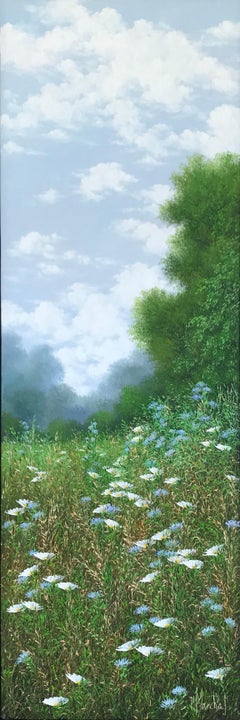 Bleuets et Marguerites, oil paiting on canvas, size with frame 95.4 x 35.4 cm