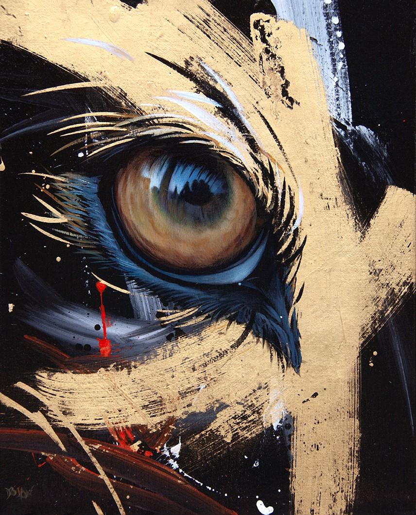 Christophe Drochon Animal Painting - STARK ( regard de loup gris) , acrylic paint on canvas with gold leaf
