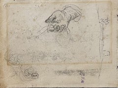 Antique Study of a hand and landscape, on the back, study of cow legs and hooves