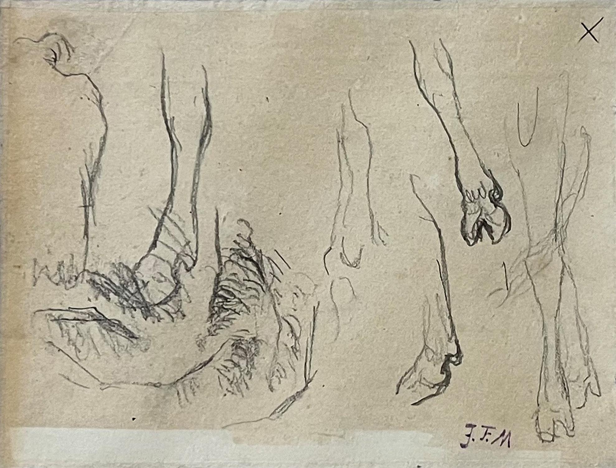 Study of a hand and landscape, on the back, study of cow legs and hooves - Barbizon School Art by Jean François Millet