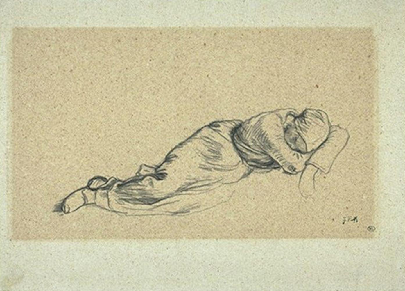 Study of the sleeping woman from “La meridienne”,
Black pencil drawing on paper (sketchbook), stamped from the widow's sale in 1894 (Lugt L.3728) lower left, Paper 9.2x13.2 cm, drawing 5.5x11 cm. Circa 1858.
The pictures include works related to the