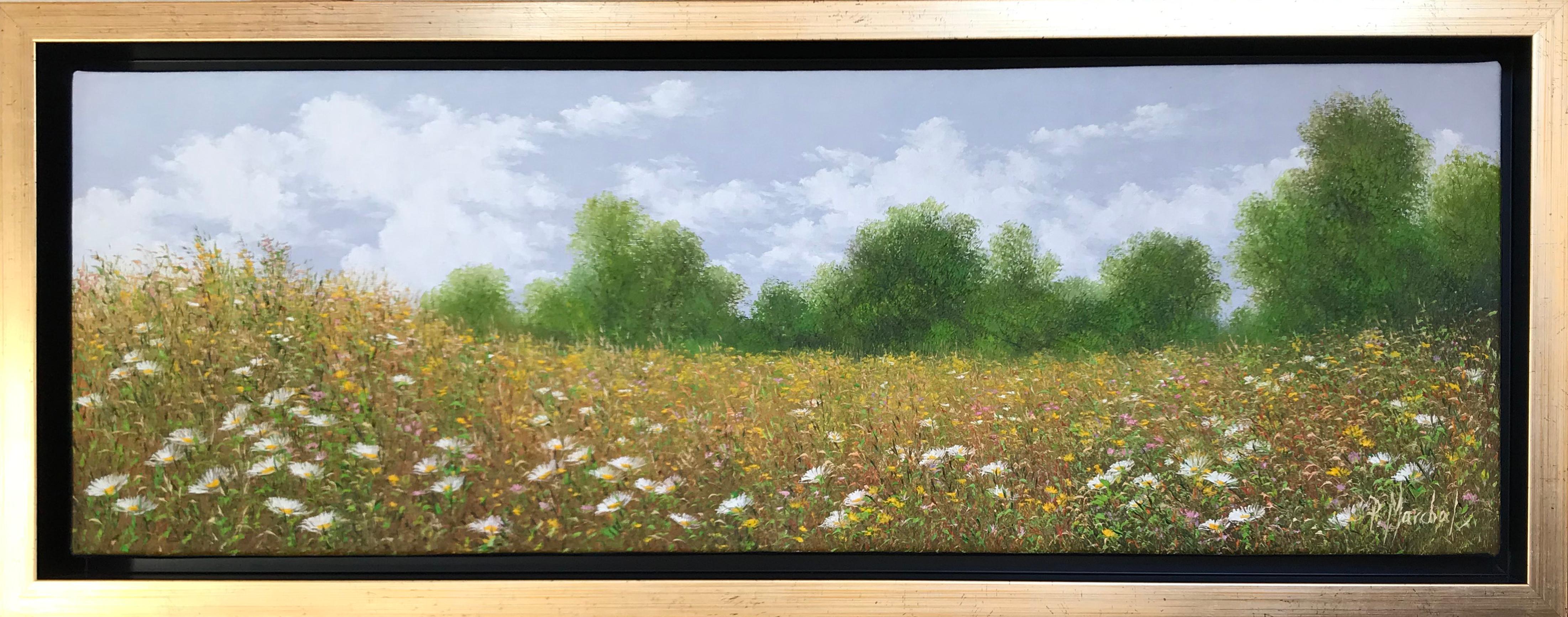 Champ fleuri , 2019, oil painting on canvas , size with frame 25.4 x 65.4 cm  - Painting by Patrice Marchal