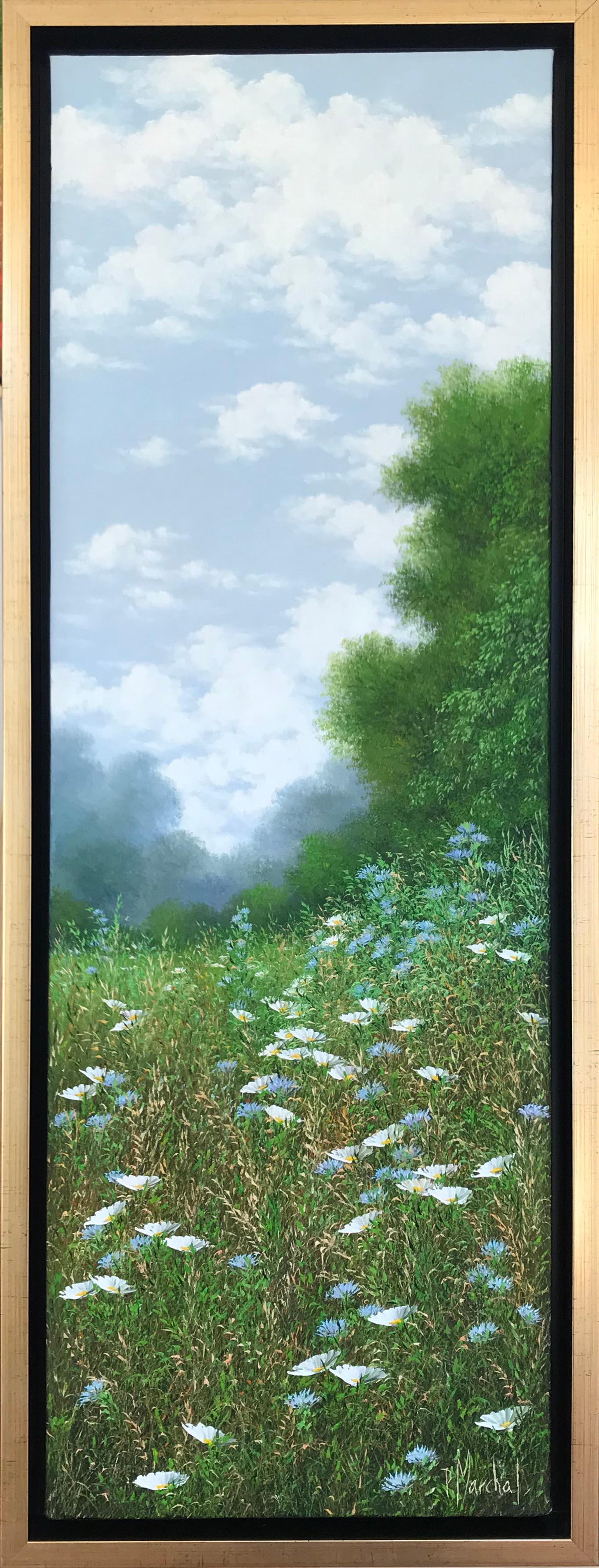 Bleuets et Marguerites, oil paiting on canvas, size with frame 95.4 x 35.4 cm - Painting by Patrice Marchal