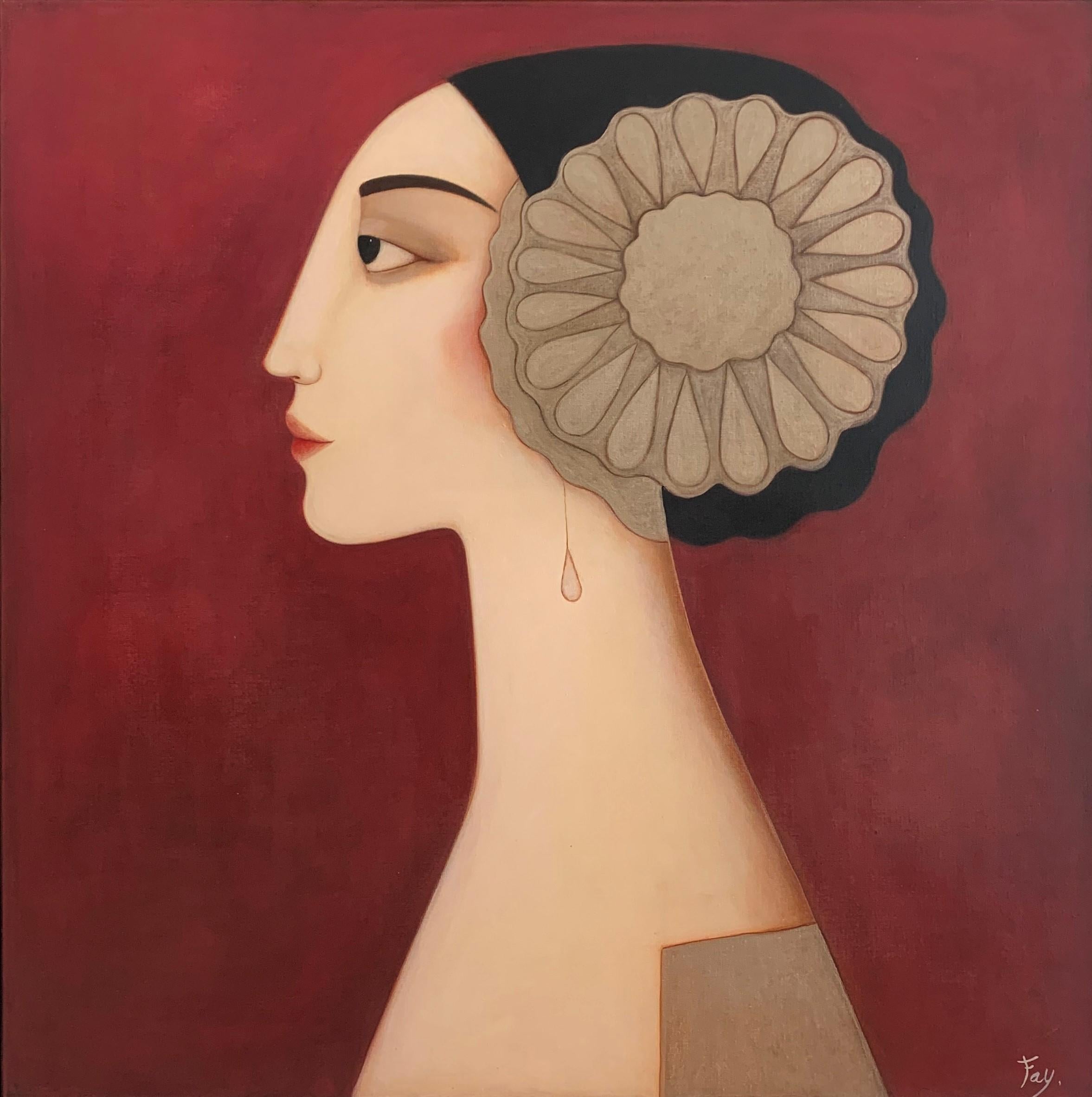 Faiza Maghni  Portrait Painting - "Petra" , mixed media on canvas , size with frame 94 x 94 cm