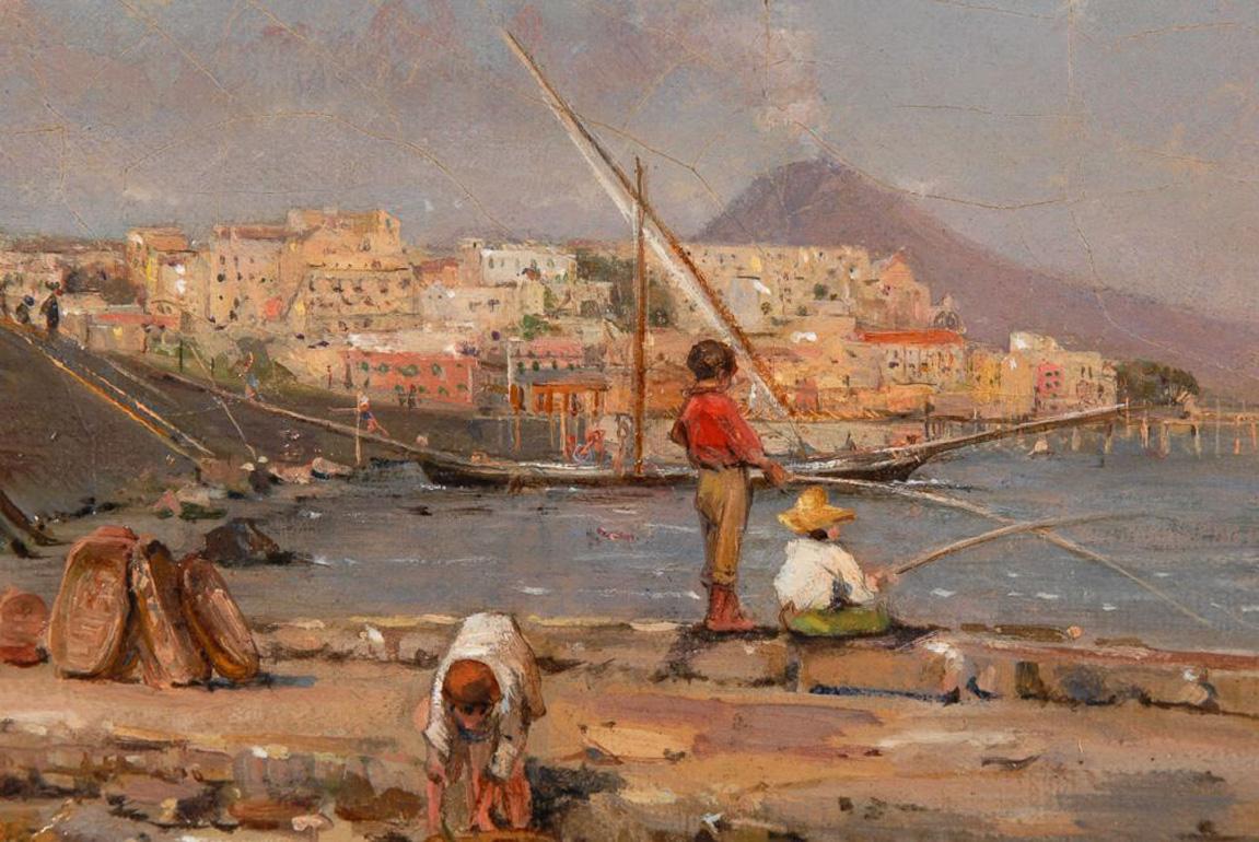 Fishing boys on the coast of Naples - Brown Landscape Painting by Henri Leopold Girardet