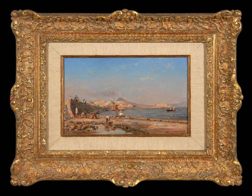 Henri Leopold Girardet Landscape Painting - Fishing boys on the coast of Naples