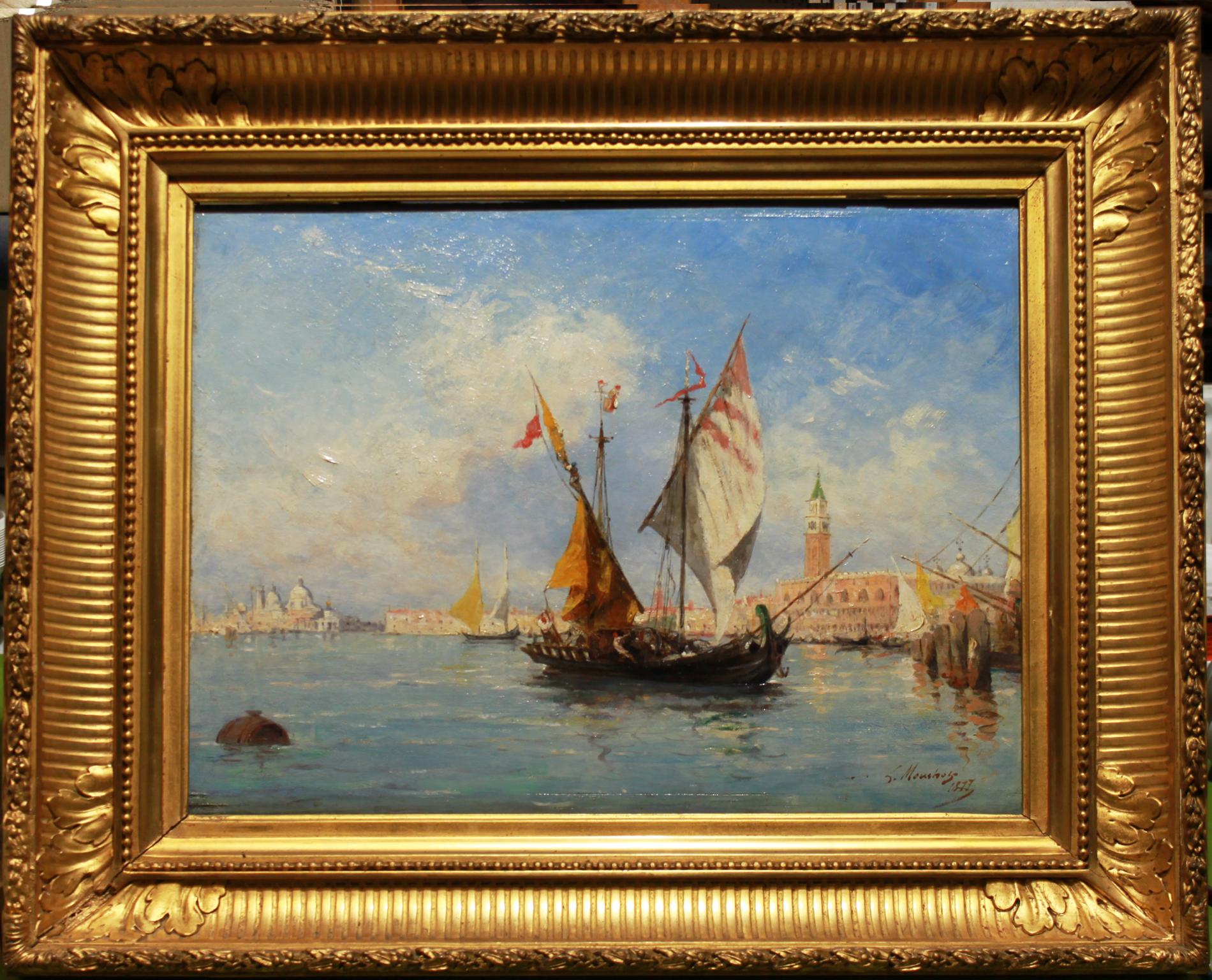 Mouchot, Louis Claude Landscape Painting - Sailing ships in front of Venice
