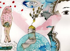 “Smoke 11” swirls surreal playful humans and animals  in pink and turquoise