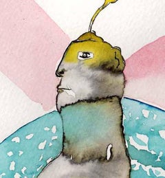 “Smoke 11” swirls surreal playful humans and animals  in pink and turquoise