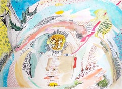 “Plant and Spirit, Datura” swirls surreal playful figures pink, blue and yellow