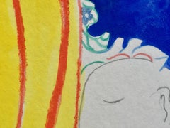 “Jean 1” swirls surreal playful humans and animals  in red, gold, blue and white