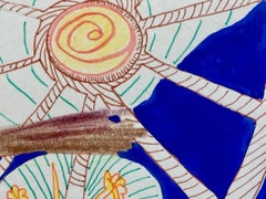 “Jean 2” swirls surreal and playful l humans and animals in blue, white and gold