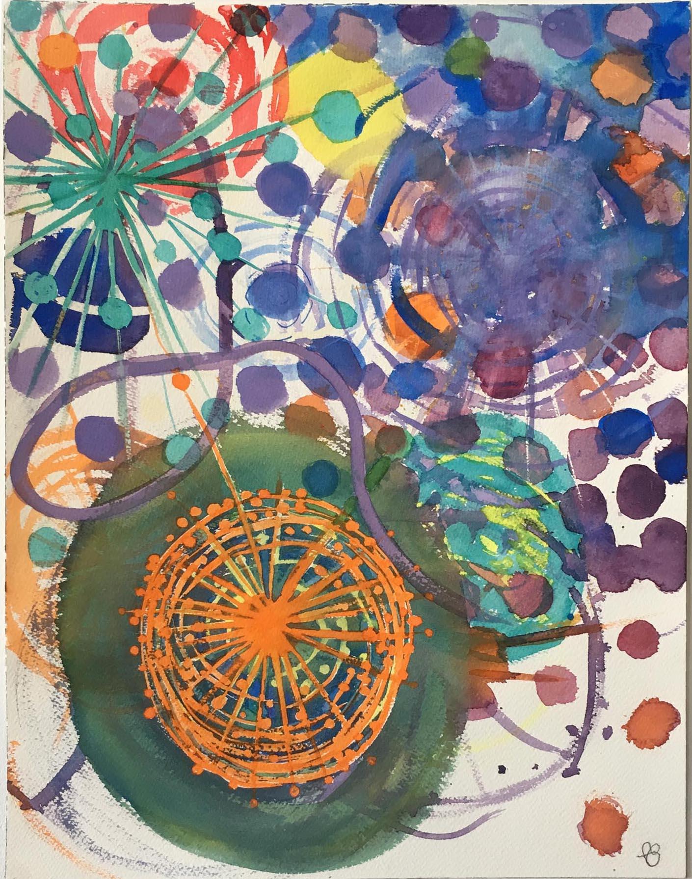 Fred Bendheim Abstract Drawing - "Worlds Fair" whirling shapes in purples and greens