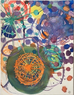 "Worlds Fair" whirling shapes in purples and greens