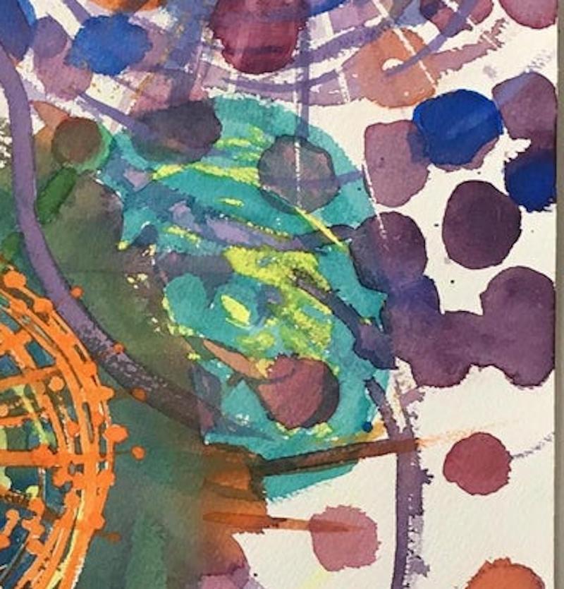 Worlds Fair painting in purples and greens, contains whirling shapes, both geometric and floral. The artist’s subjects are usually abstract, made of forms, lines, colors and their relationships to each other and the spaces that they inhabit.

Fred