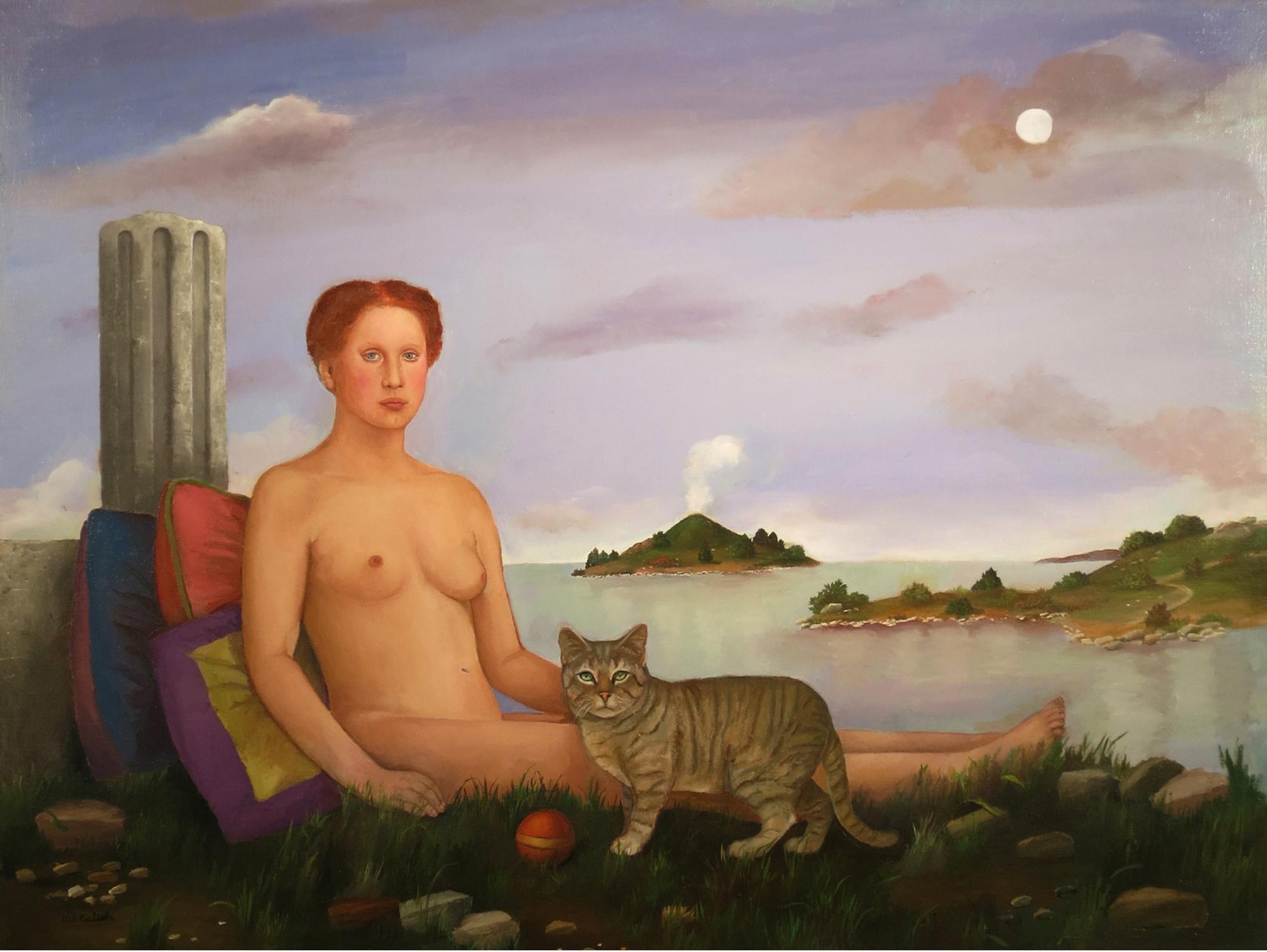 Muriel Kalish Still-Life Painting - Goddess, Ruin and Cat