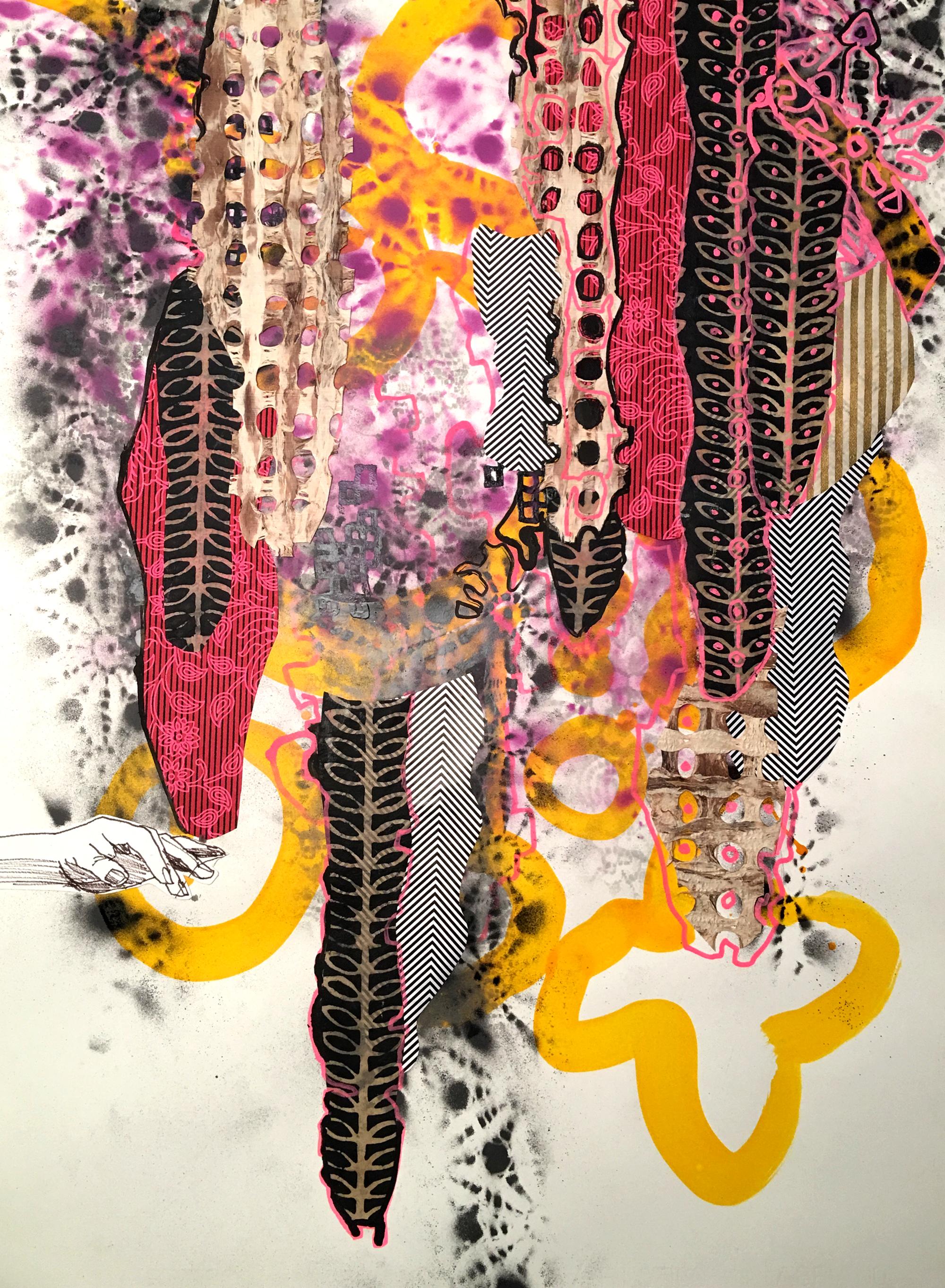 “Where the Water Flows”, ornamented, textured ribbons of pinks yellow and black - Mixed Media Art by Rebecca Darlington