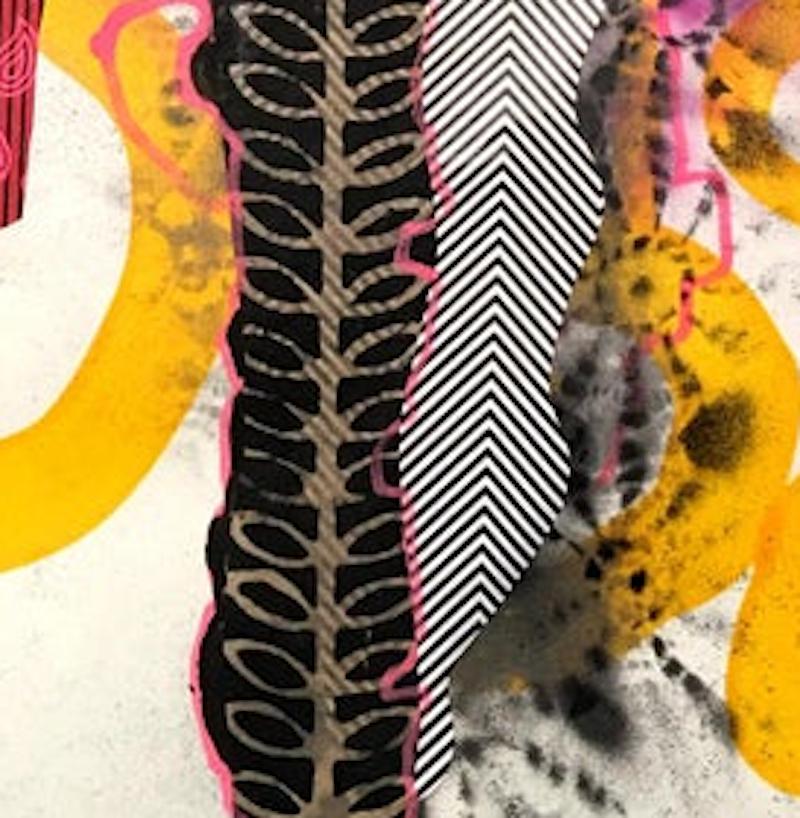 Where the Water Flows textured ribbons of pinks yellow and black, ornamented with textured linear designs. Darlington explores themes of belonging, culture, identity, decoration, and the multiple connections that form a personal landscape. Layered