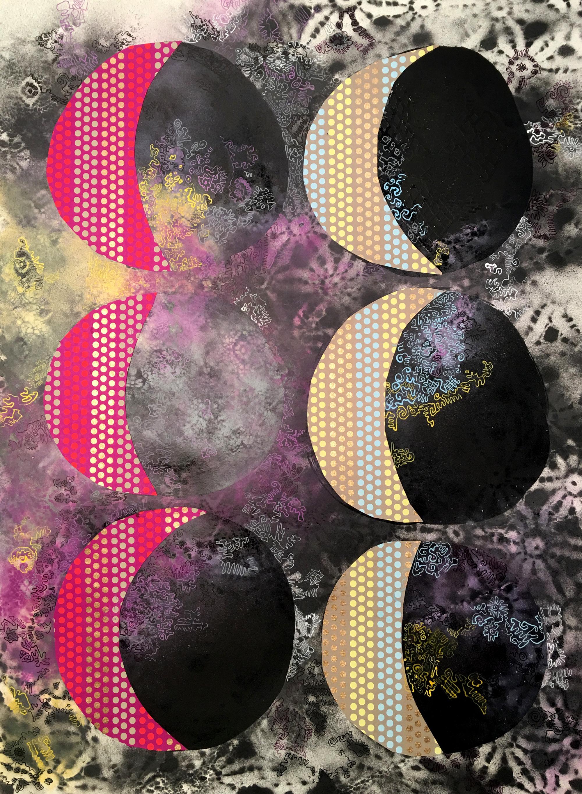 “Six Sigma”, eclipsing moons of pink and yellow float on a patterned black sky - Mixed Media Art by Rebecca Darlington
