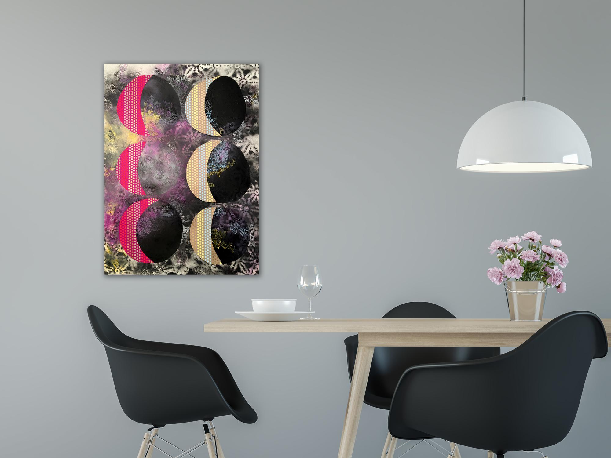 “Six Sigma”, eclipsing moons of pink and yellow float on a patterned black sky - Contemporary Mixed Media Art by Rebecca Darlington
