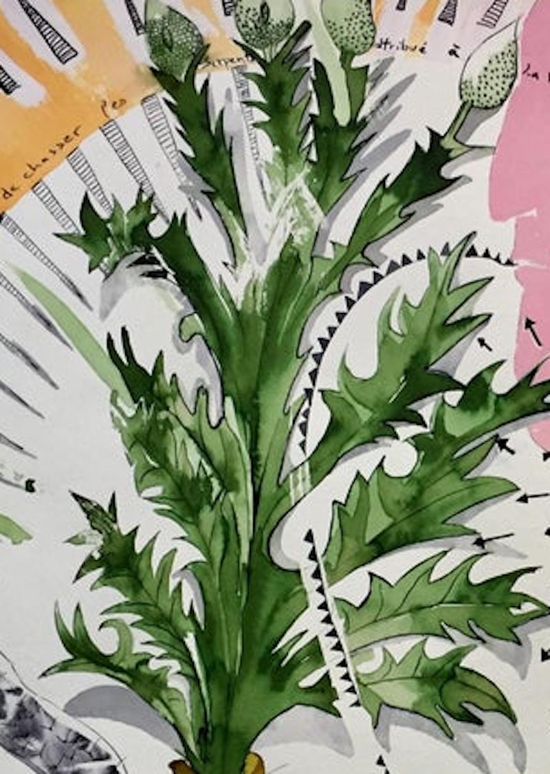 “Plant and Spirit, La Verveine”,  swirls surreal animals in pink, green, andblue (Beige), Abstract Drawing, von Nana Deleplanque