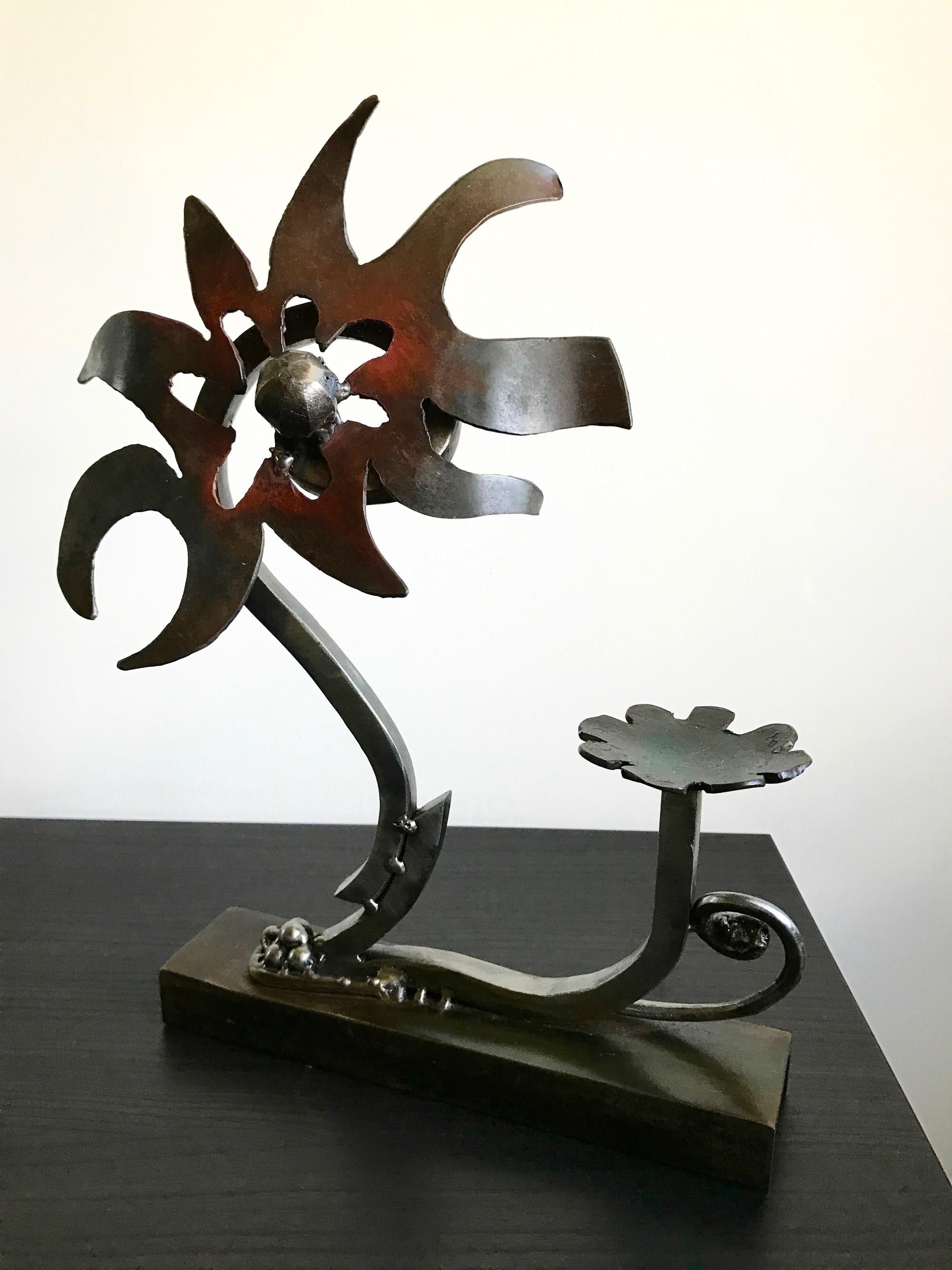 “Return of the Galactic Flower”, welded steel tabletop form in browns and black - Sculpture by Janet Rutkowski