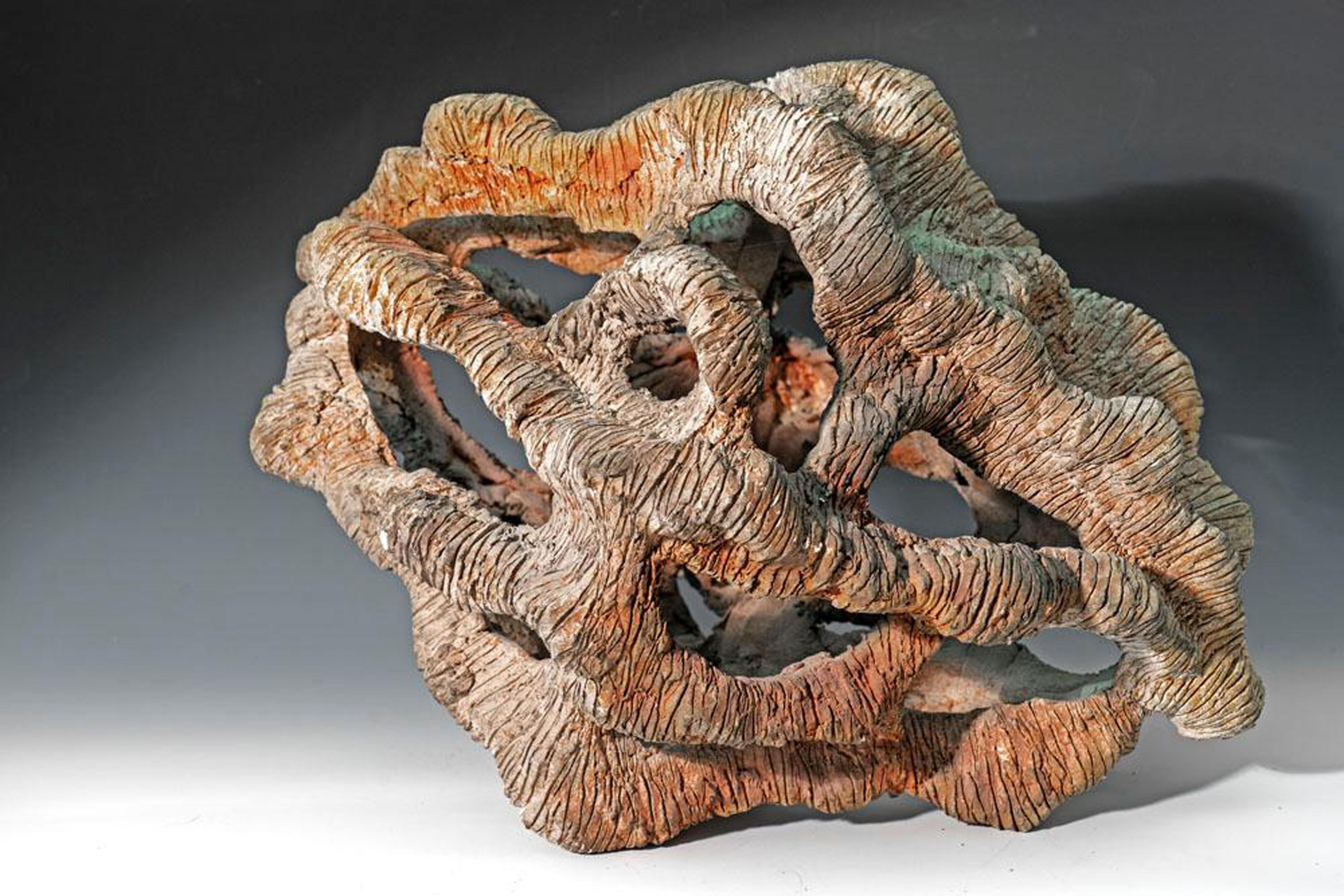 Allan Drossman Abstract Sculpture - "Erosion", textured ceramic in browns and cream, embodies essential clay