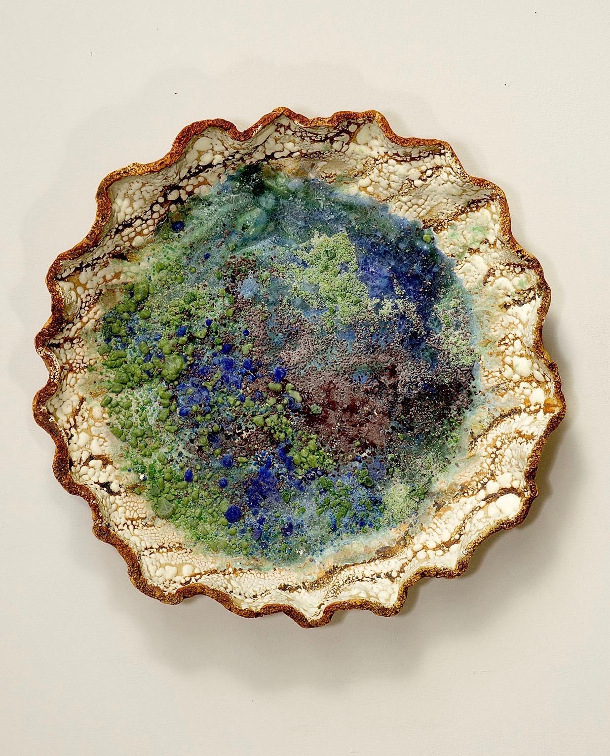 "Pond", textured ceramic in brilliant blues, greens and cream - Sculpture by Allan Drossman