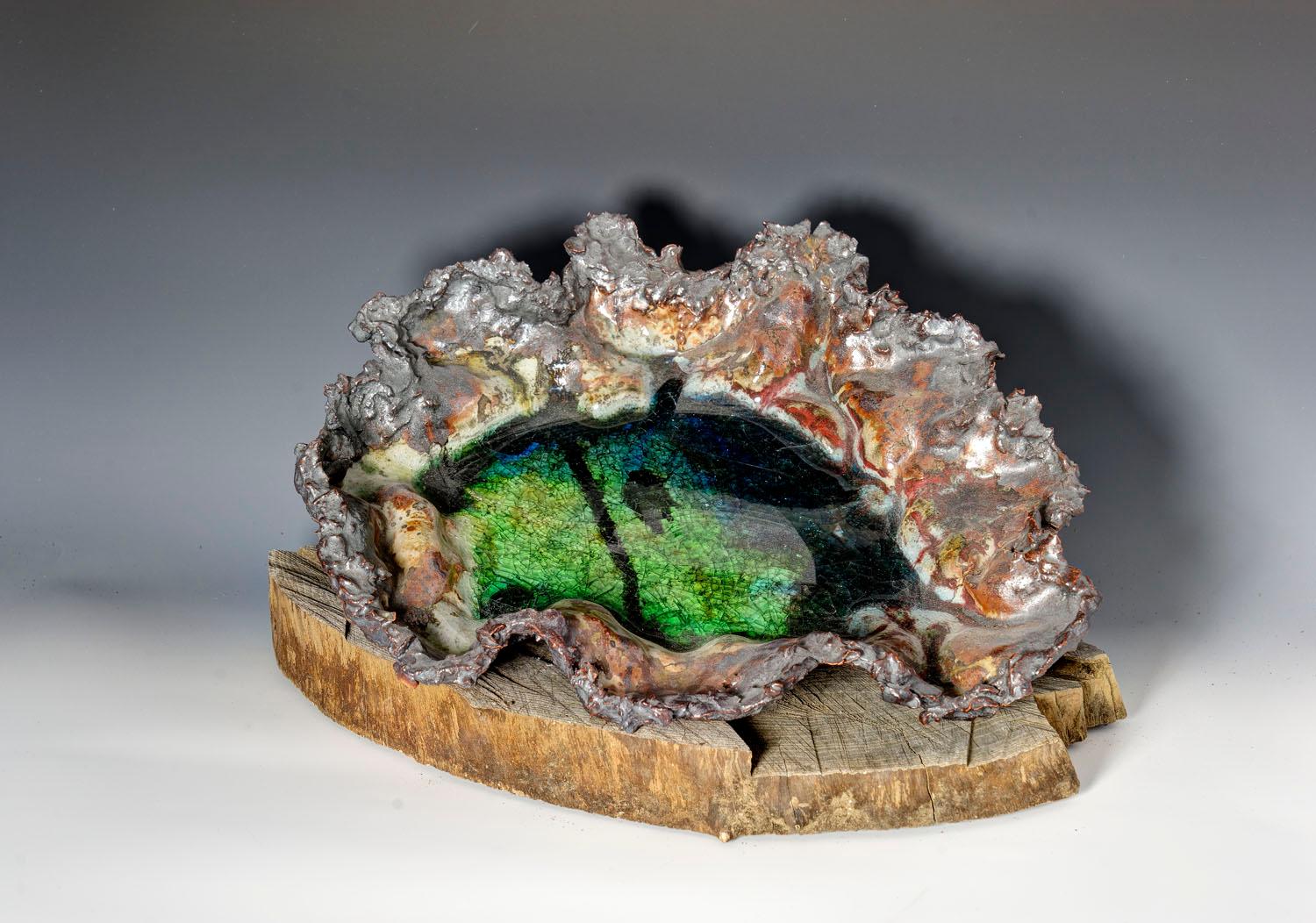 "River Series 1", textured ceramic in brilliant greens and browns - Sculpture by Allan Drossman