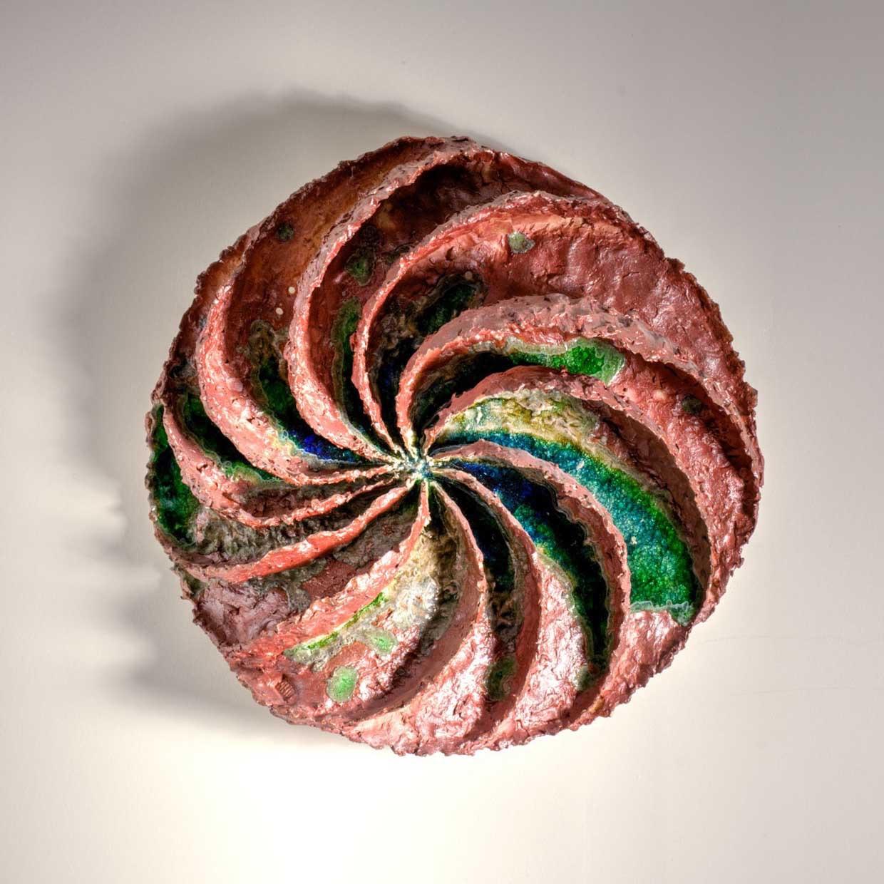 "Turbulence", textured ceramic in pinks and greens, embodies essential clay - Sculpture by Allan Drossman