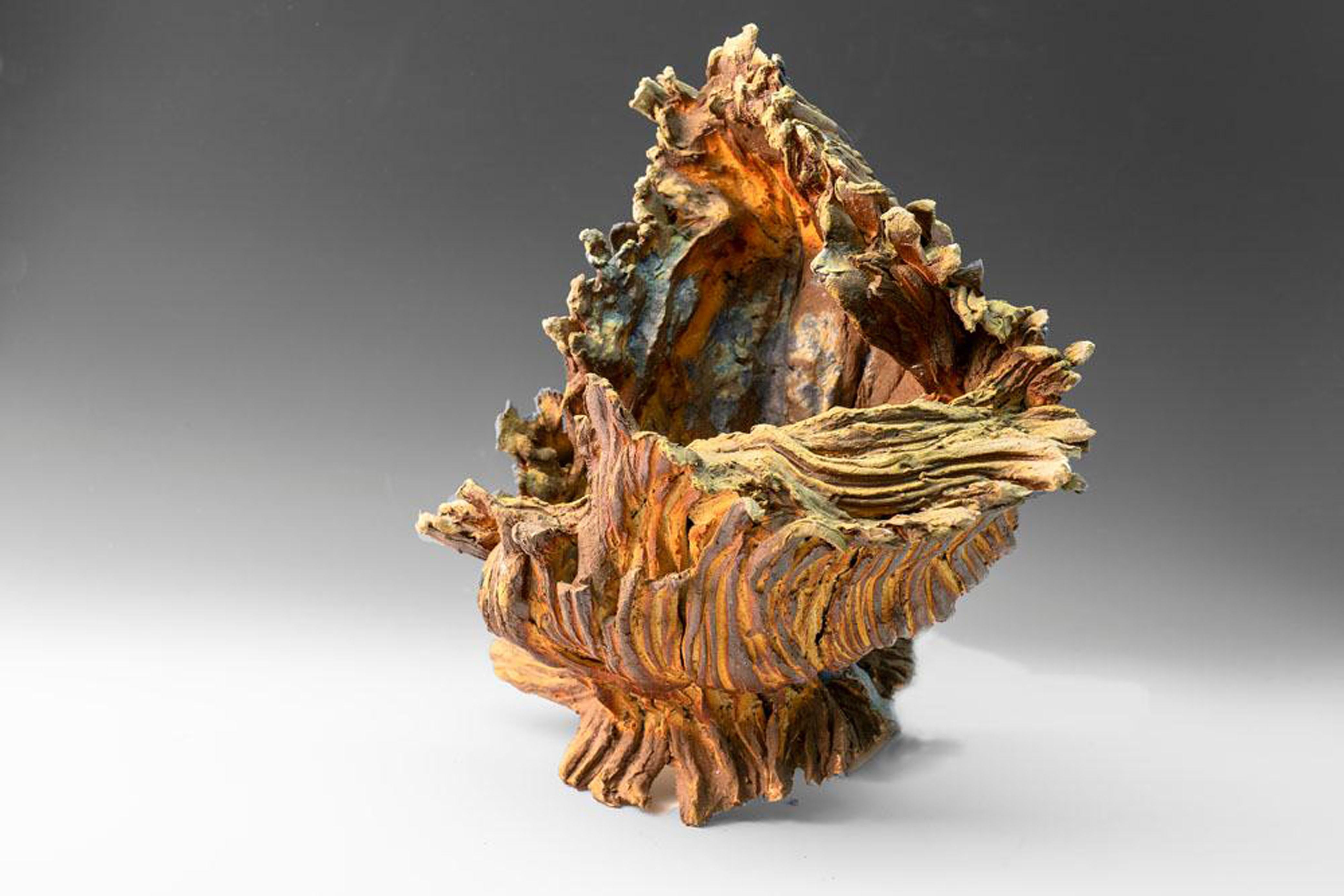 Allan Drossman Abstract Sculpture - "Sea Form 4", textured ceramic in golds and browns, embodies essential clay