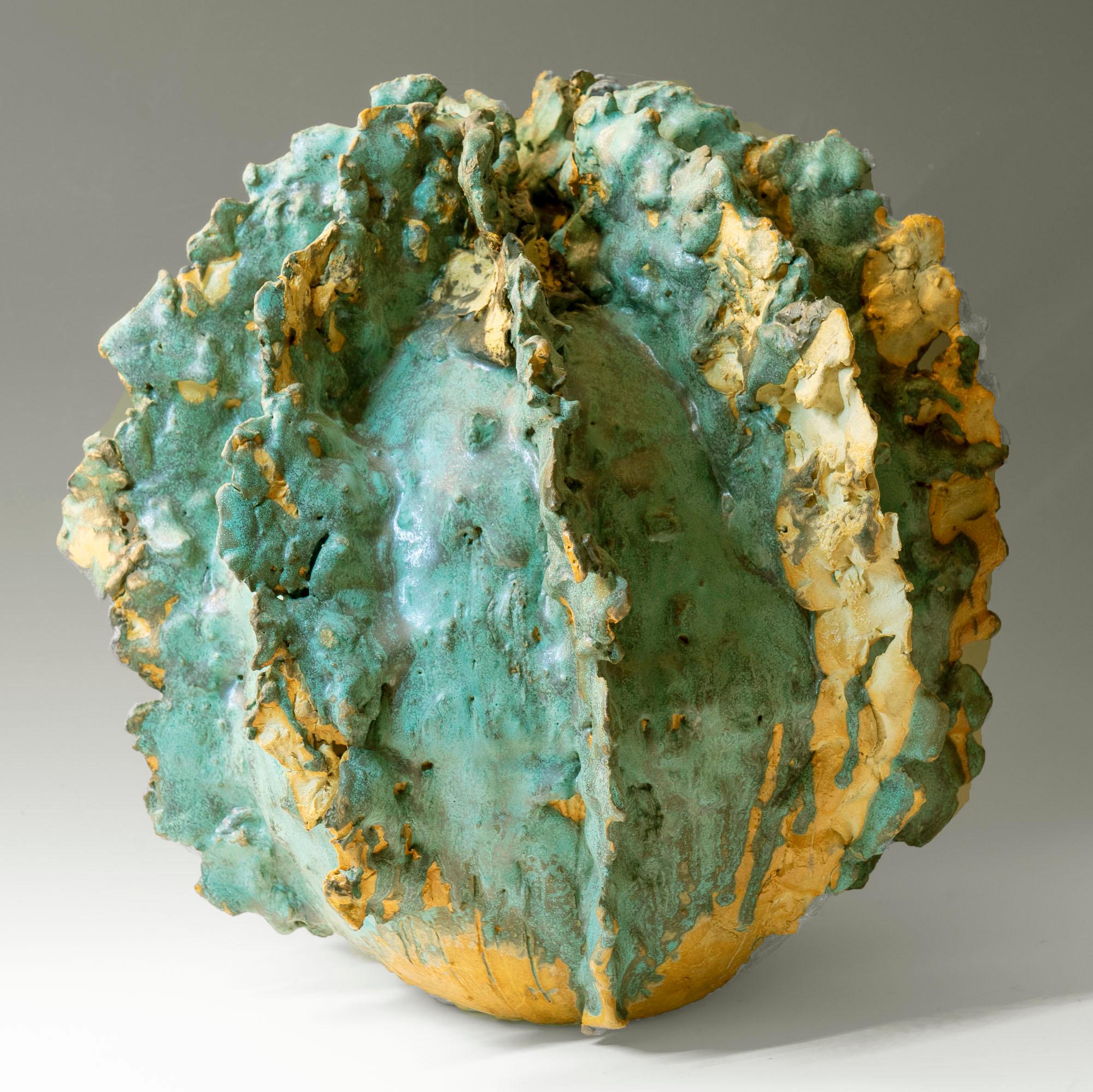 "Ocean Discovery", textured ceramic glazed in water blue greens - Sculpture by Allan Drossman