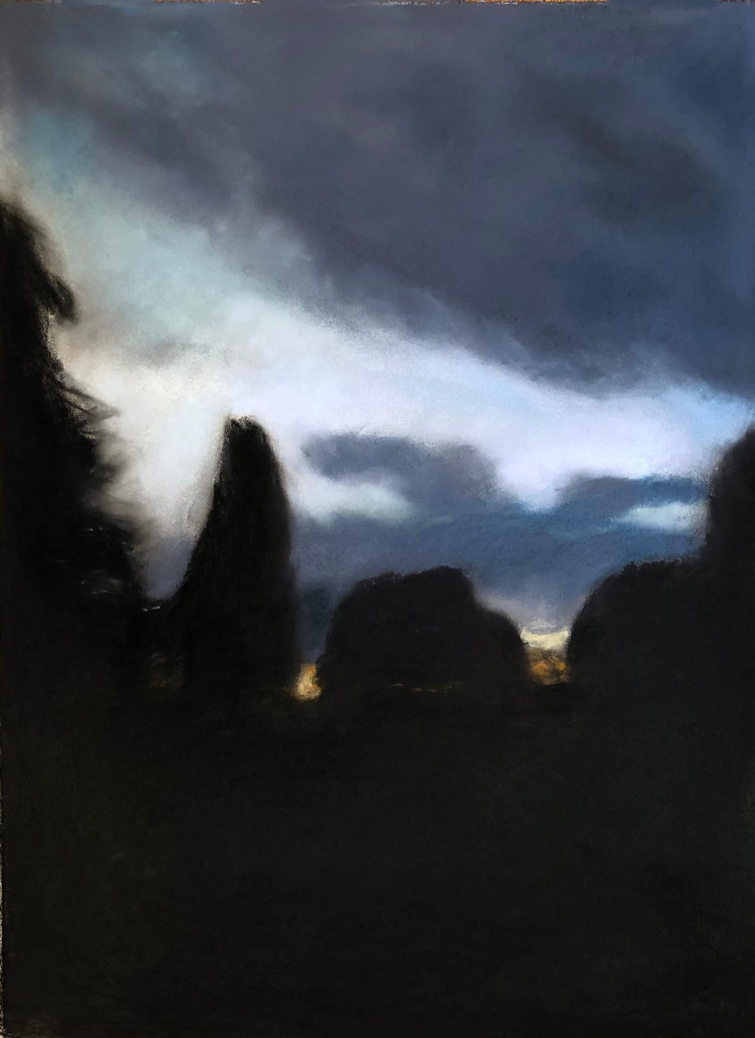 Marilyn Davidson Abstract Drawing – "Nightfall",  landscape pastel with glowing sunset sky