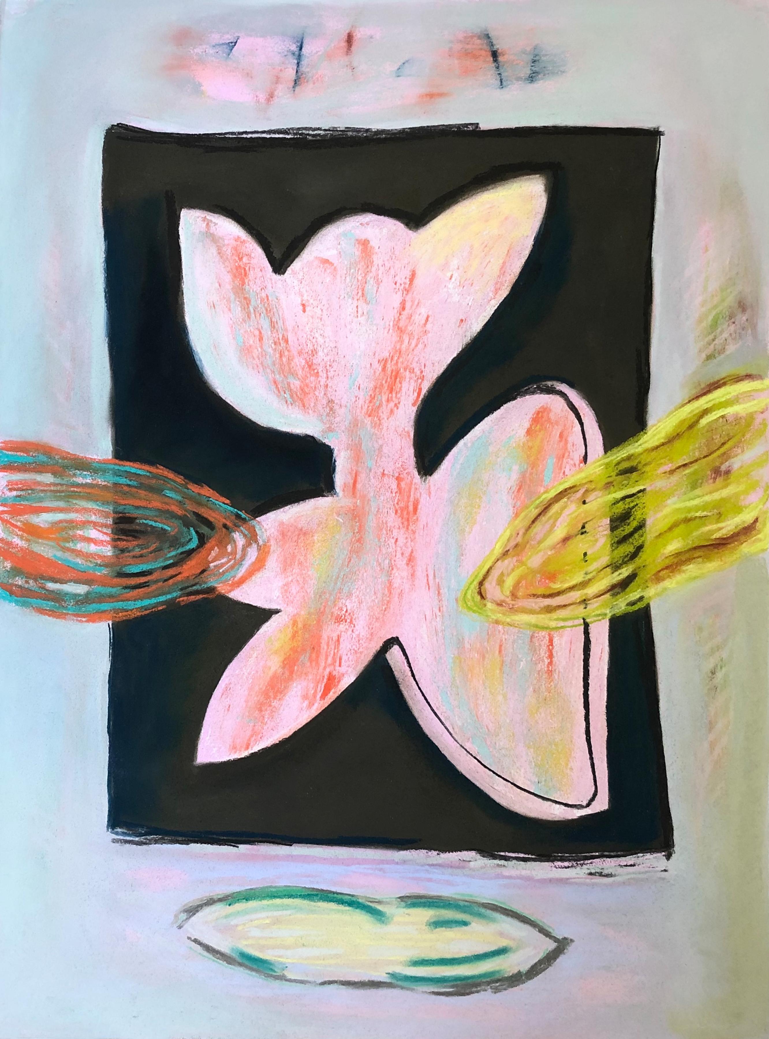 Marilyn Davidson Abstract Drawing - "Bunny", a whimsical pastel in in pinks and yellows