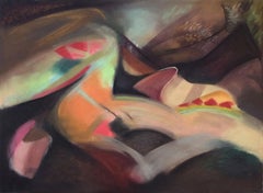 "Beau Monde", abstract pastel in jewel pinks, greens and browns 