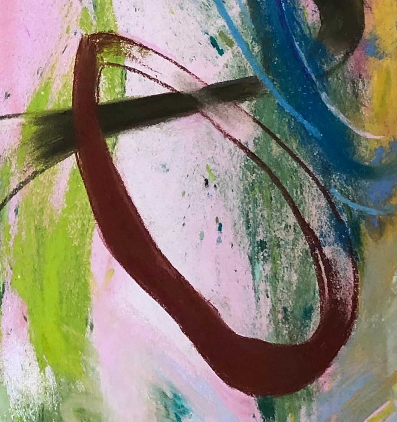 The Wind, a contemporary abstract pastel in glowing pinks, greens, blues is filled with
swirling movement. It explores the space and tension between figuration and abstraction and represents a natural force and an internal life permeated by personal