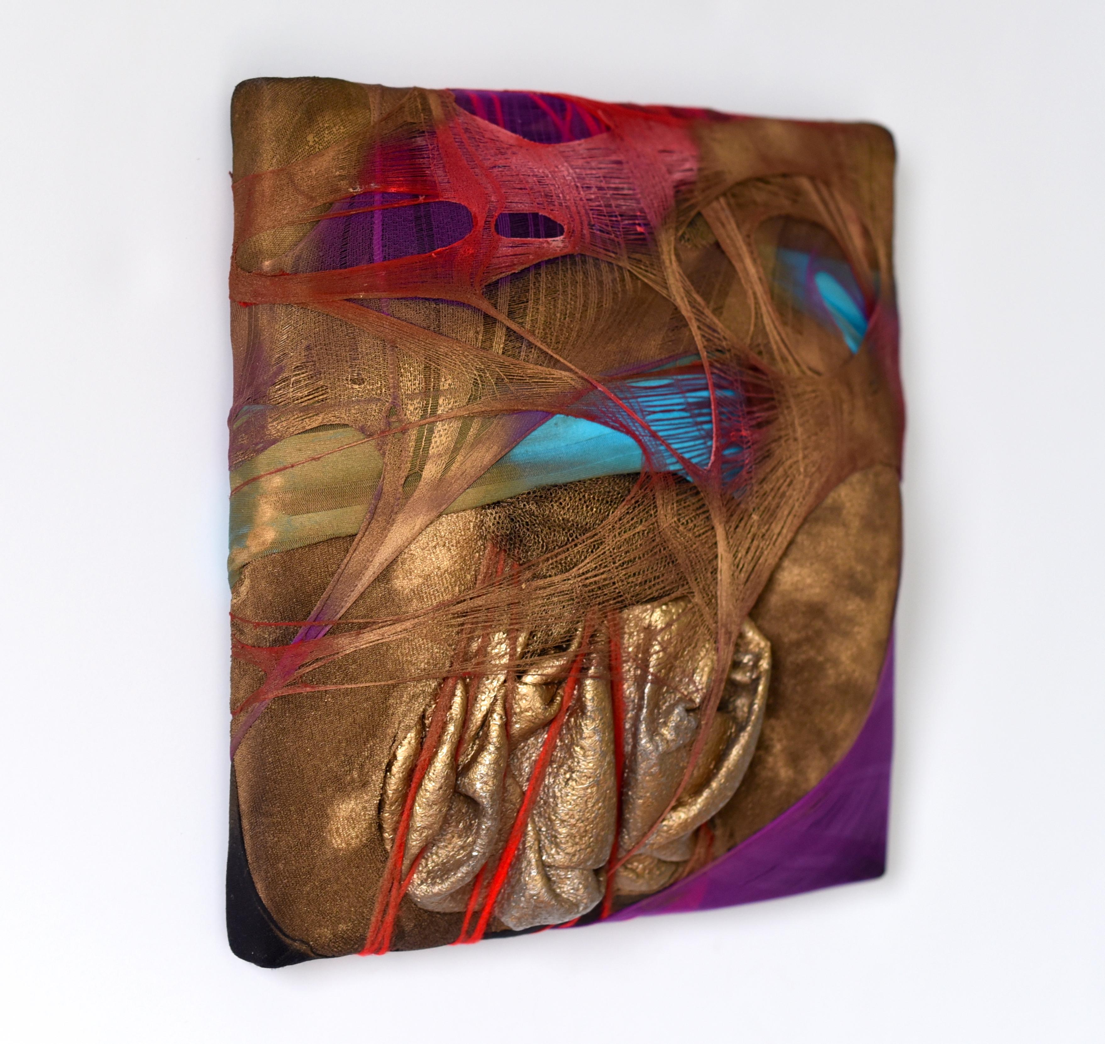 Wall Pillow 3 gold metallic fabric contemporary abstract painting textile art - Sculpture by Anna-Lena Sauer