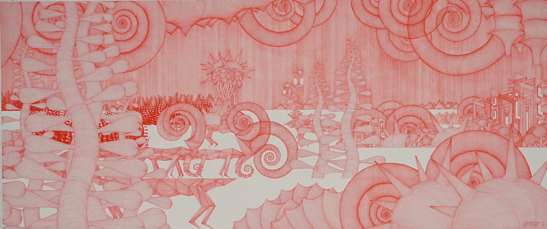 Cheolyu Kim Abstract Drawing - Journey #27 (monochrome red pen drawing wood detailed oriental dansaekhwa)