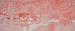 Journey #27 (monochrome red pen drawing wood detailed oriental dansaekhwa)