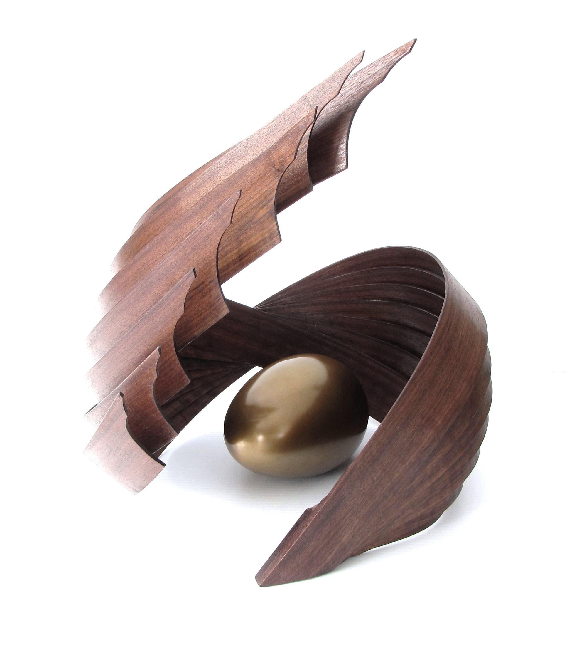 Eric Tardif Abstract Sculpture - Inner Fragility (wood walnut bronze bird nest abstract art sculpture pedestal)