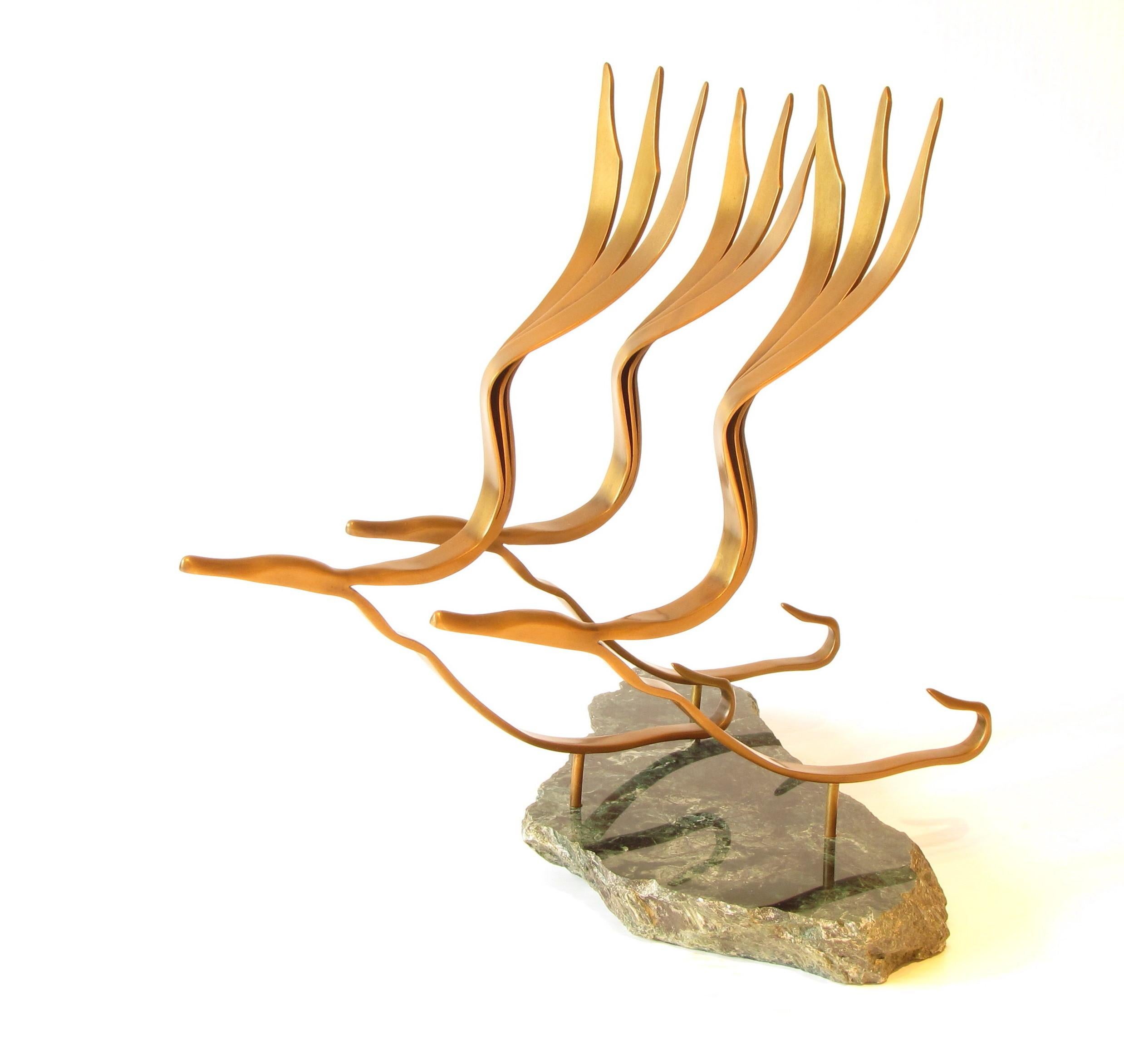 Eric Tardif Abstract Sculpture - The Flight (wood bronze bird abstract art marble zen sculpture pedestal bird)