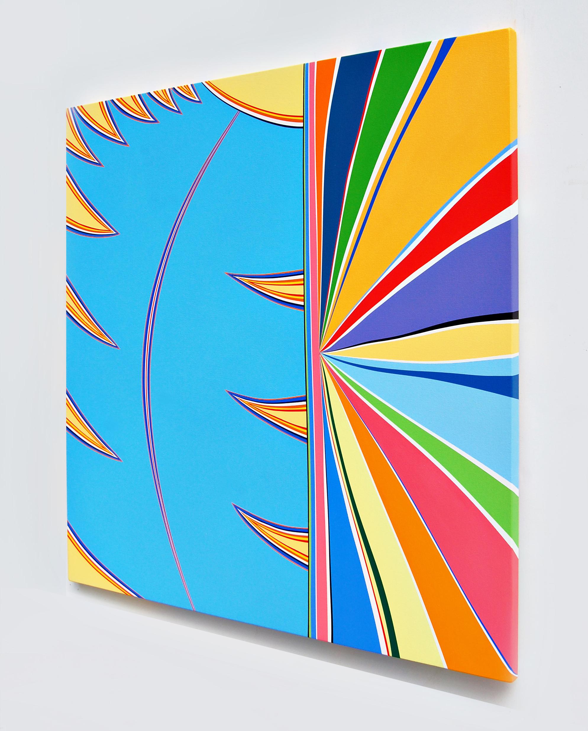 “Marlin” – from Kurt Herrmann’s Color Bomb series. This piece riffs on the
blazing sun, endless blue skies, horizons, gulf stream memories, and daydreams. The
Color Bombs are like songs composed of shape and line that bask in the presence