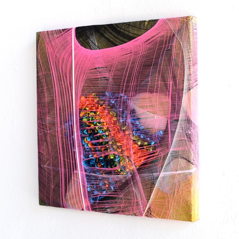 Nylon Painting 2 is an abstract painting made with acrylic paint, fabric and nylon on canvas. Multiple layers of fabric, which serves as a substitute for paint, create an intense illusion of space. No framing is needed and the artwork comes ready to