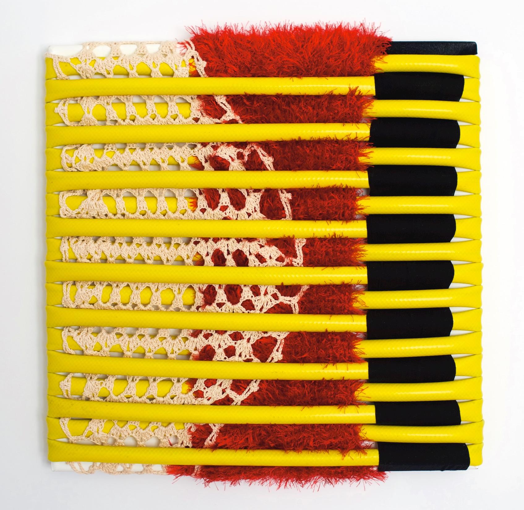 Untitled 1 (yellow, red, black, fabric wall art, abstract sculpture, stripes)