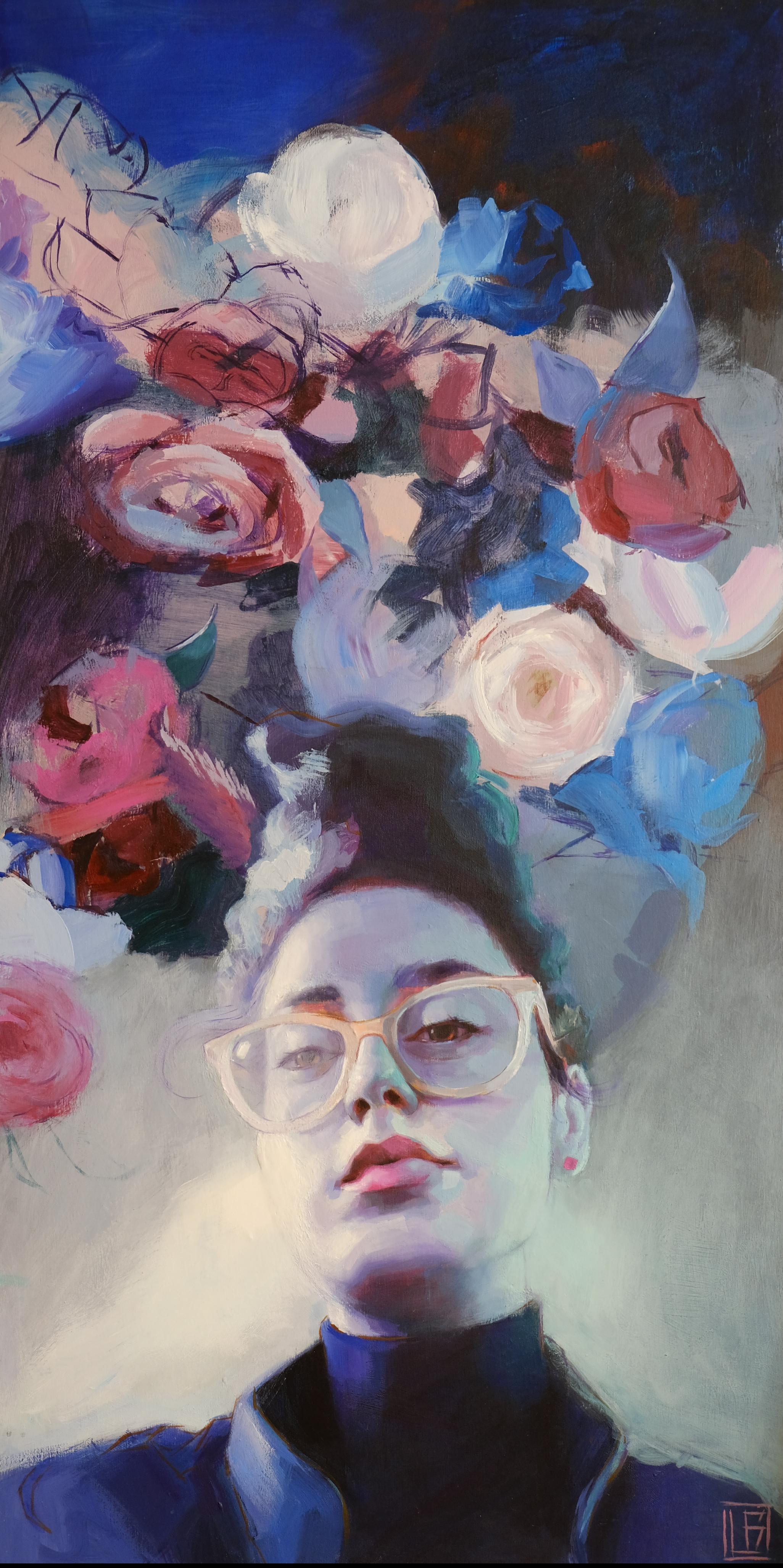 Aptekareva (girl portrait oil painting abstract figurative pink glasses flowers 