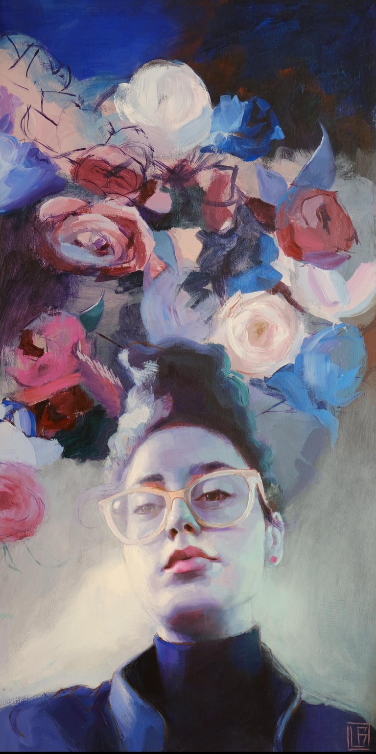 Lucas Bononi Portrait Painting - Aptekareva (girl portrait oil painting abstract figurative pink glasses flowers 