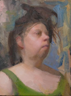 {} Betty ( portrait figuratif futuriste, réalisme abstrait, femme, peinture à l'huile, vert)
